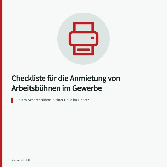 Elektro-Scherenbühne in einer Halle im Einsatz. Checkliste für die Anmietung von Arbeitsbühnen im Gewerbe