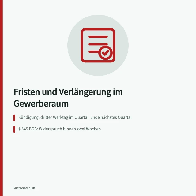 Karte zu Kündigungsfristen und Verlängerungsoptionen bei Gewerberaummiete. Welche Fristen gelten bei Mietdauer und Verlängerung im Gewerberaum?