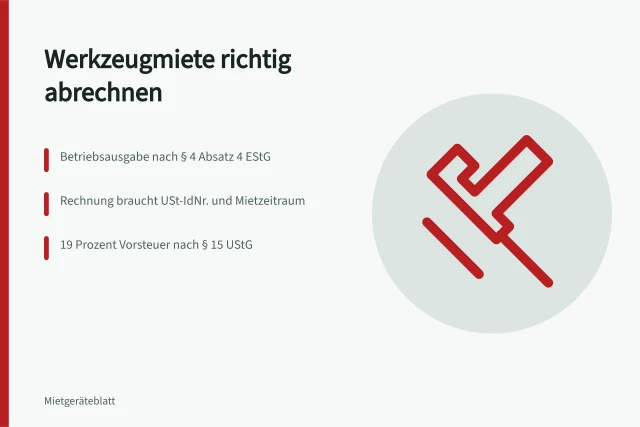 Karte zur korrekten Abrechnung von Werkzeugmiete nach ZDH-Leitfaden. Werkzeugmiete für Handwerksbetriebe: Rechnungen prüfen und korrekt abrechnen