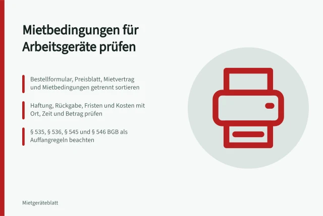 Karte zur Prüfung von Mietbedingungen für Arbeitsgeräte. Wie lassen sich Mietbedingungen für Arbeitsgeräte wirksam prüfen?