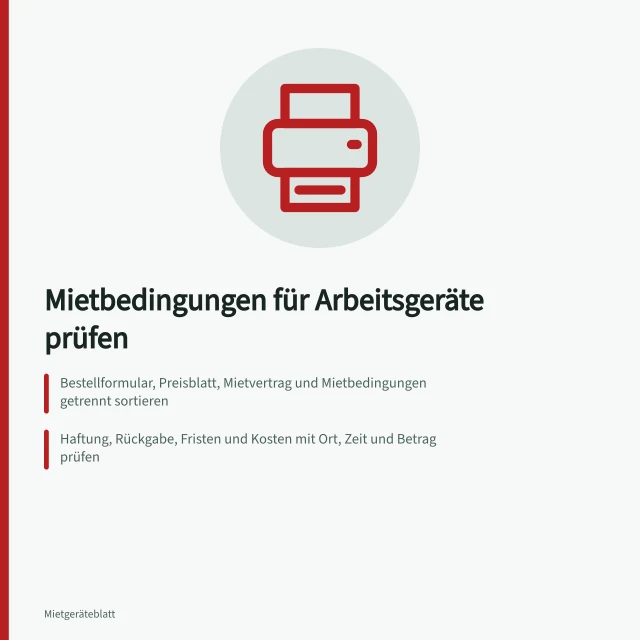Karte zur Prüfung von Mietbedingungen für Arbeitsgeräte. Wie lassen sich Mietbedingungen für Arbeitsgeräte wirksam prüfen?